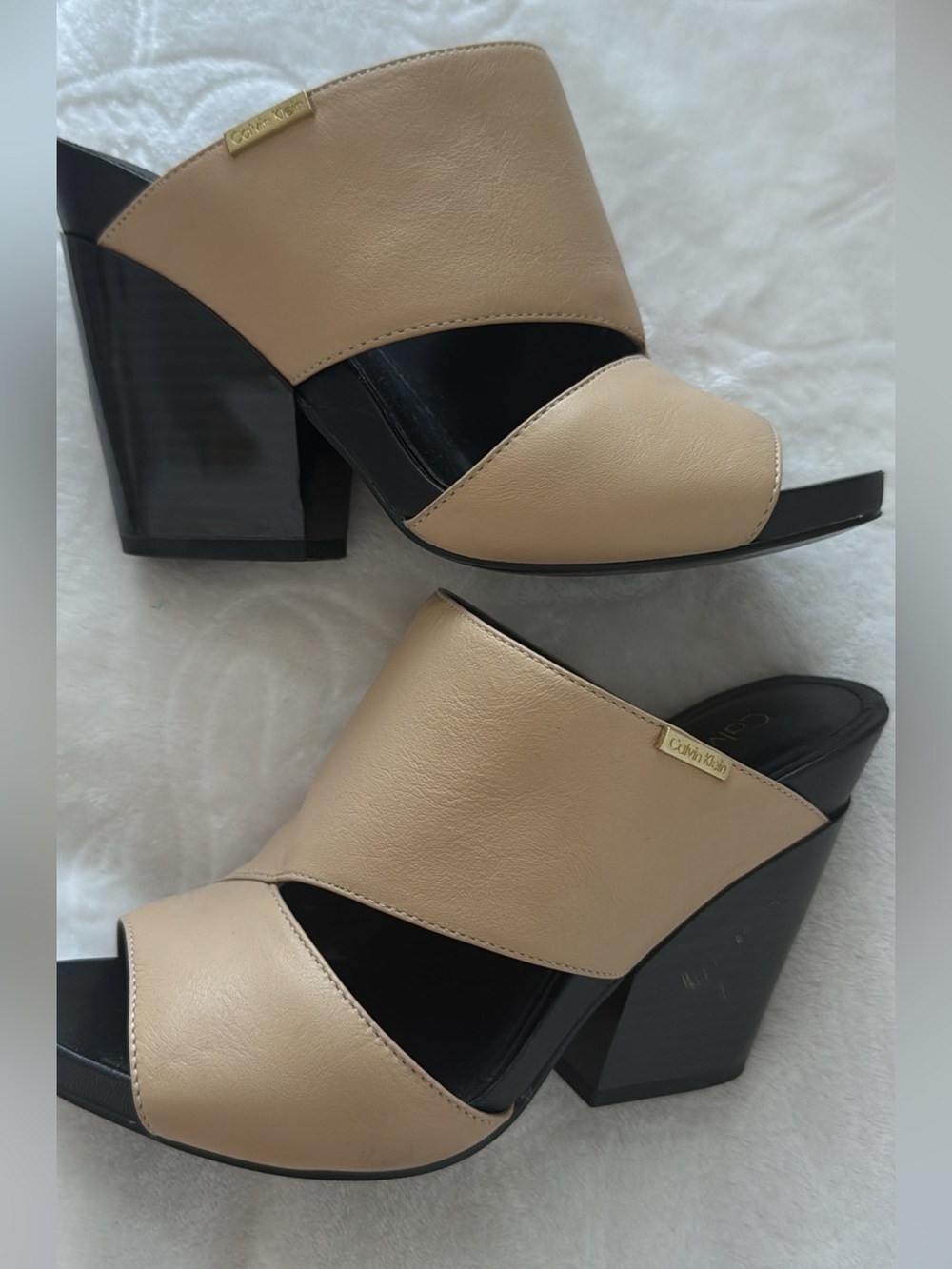Calvin Klein Two-Tone Beige and Black Wedge Mules